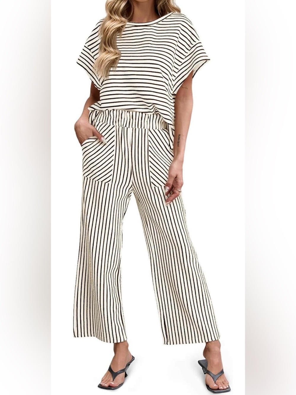 Brown/Cream Striped 2 Piece Set Short Sleeve Top Wide Leg Pant w/ Pockets Sz L